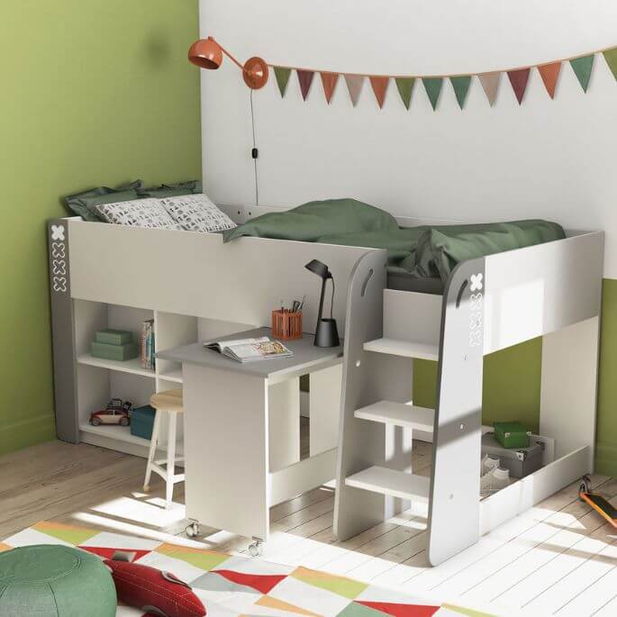 Lit combiné enfant contemporain blanc/gris Leopold